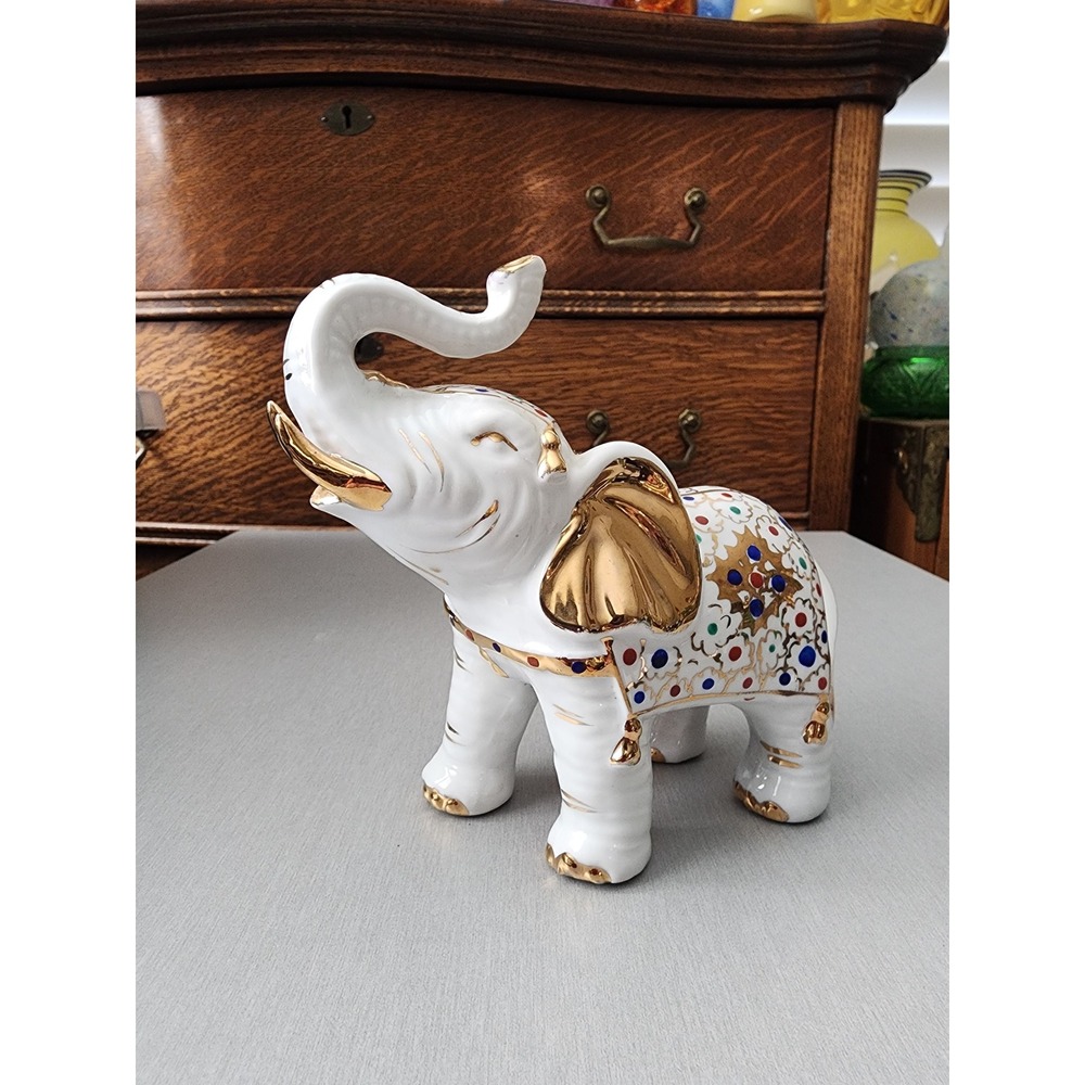 Elephant - trunk up - white with gold and colorful accents